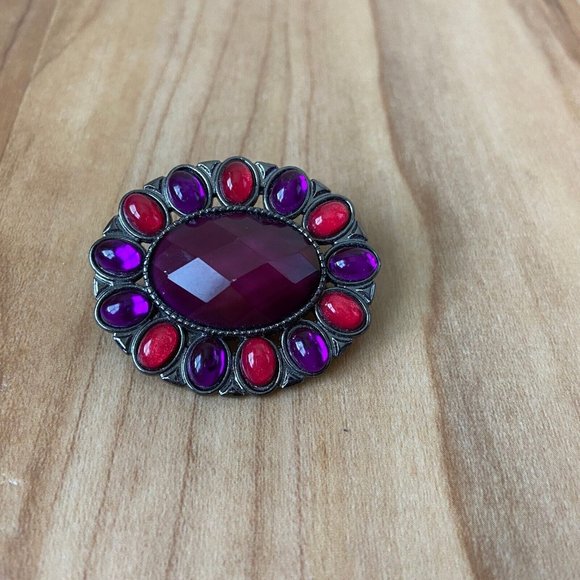 Purple & Pink Rhinestone Oval Shaped Cabachon Brooch 1950s Signed FAF - Picture 4 of 11